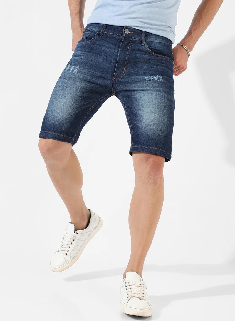 كامبوس سوترا Men's Classic Dark Blue Dark-Washed Distressed Patterned Denim Shorts | Regular Fit | Premium Stretchable Cotton Mid-Rise Crafted With Comfort Fit and High Performance For Everyday Wear